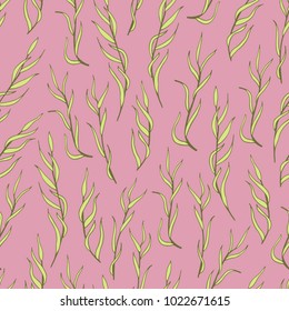 Floral pattern with hand-drawn marsh grass. Botanical motifs scattered randomly. Seamless vector texture. Printing in hand-drawn style on the pink background.