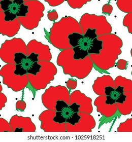 Floral pattern with hand-drawn poppies. Botanical motifs scattered randomly. Seamless vector texture. Printing in hand-drawn style on the white background.