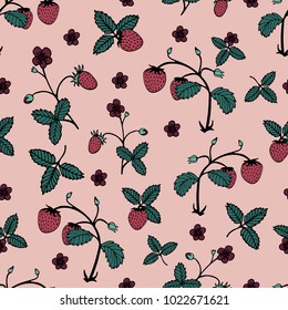 Floral pattern with hand-drawn strawberries. Botanical motifs scattered randomly. Seamless vector texture. Printing in hand-drawn style on the pink background.