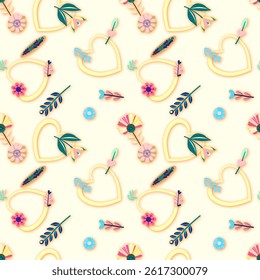 Floral Pattern with Hearts and Arrows on Cream Background