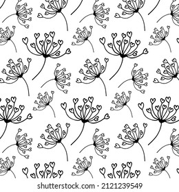 Floral pattern with hearts. Black and white pattern hand drawn with black liner. Black pattern on a white background. Pattern for clothes, bed linen, children's clothing, wallpapers, stickers 