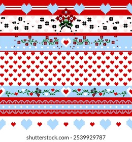 Floral Pattern with Hearts, Cross-Stitch Style and Pixel Art