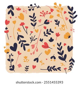  floral pattern with hearts and leaves. Pastel colors on a beige background. Perfect for wallpaper, textile, and packaging.