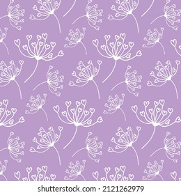 Floral pattern with hearts. White pattern hand drawn with black liner. Pantone color 2022. White pattern on a purple background. Pattern for clothes, bed linen, children's clothing, wallpapers, sticke