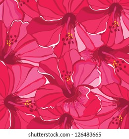 Floral pattern with hibiscus, hand-drawing. Vector illustration.