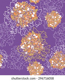 Floral Pattern. Hydrangeas stylized. 4 spot colors: purple, olive green, orange and white.
