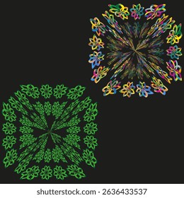 Floral pattern icon. Symmetrical glowing shapes. Vector dark background. Decorative group form.