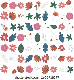 Floral pattern illustrations with seamless botanical designs, perfect for textile prints, modern packaging, digital art, and elegant decorative projects.