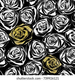 Floral pattern with image of a glitter rose flowers on a black background. Elegant ornament. Vector illustration.