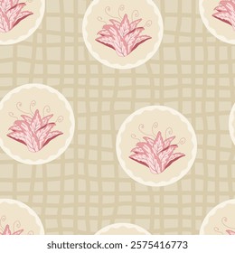 Floral pattern. Indian chintz modern style seamless print. Plaid tulip flower in frame endless background. Floral repeat cover. Farmhouse peony continuous ornament. Vector hand drawn illustration.