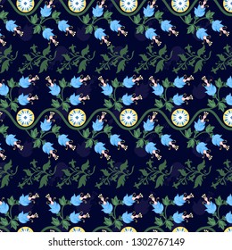 Floral pattern in Indian style on dark background. For textile, fabric, wrapping paper, background.
