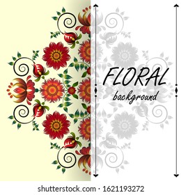 Floral pattern and insert for your text. Delicate ornament on backdrop,Folk ornament with red flowers and green leaves, Round ukrainian floral pattern in style of Petrykivka painting