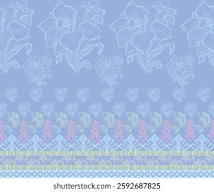  Floral pattern  intricate floral design in a light blue background, with elegant, decorative elements in a seamless arrangement.fabric 