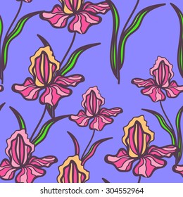 Floral pattern with iris. Colorful pattern with flowers. Seamless pattern can be used for printing textile, wallpaper ,  website background, wrapping paper. Linear art. Hand drown texture