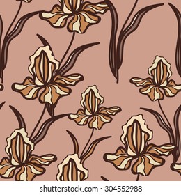 Floral pattern with iris. Colorful pattern with flowers. Seamless pattern can be used for printing textile, wallpaper ,  website background, wrapping paper. Linear art. Hand drown texture