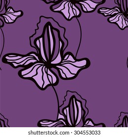 Floral pattern with iris. Colorful pattern with flowers. Seamless pattern can be used for printing textile, wallpaper ,  website background, wrapping paper. Linear art. Hand drown texture