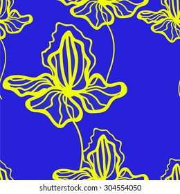 Floral pattern with iris. Colorful pattern with flowers. Seamless pattern can be used for printing textile, wallpaper ,  website background, wrapping paper. Linear art. Hand drown texture