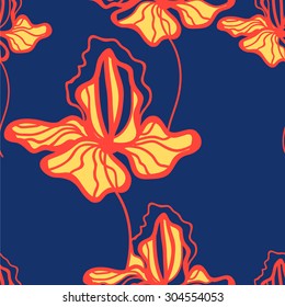 Floral pattern with iris. Colorful pattern with flowers. Seamless pattern can be used for printing textile, wallpaper ,  website background, wrapping paper. Linear art. Hand drown texture