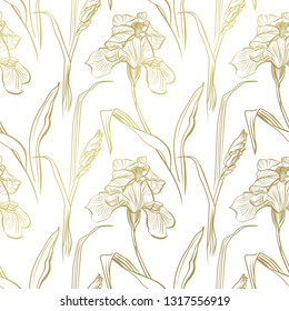 Floral pattern with iris flowers. Seamless vector pattern with golden irises flowers.