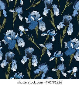 Floral pattern with iris flowers. Seamless vector pattern with colorful iris flowers.Textile texture.Textile seamless print