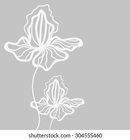 Floral pattern with iris.Black and white background with flowers. Linear art template. Hand drown texture with place for text. 