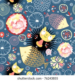 floral pattern with kittens and fish
