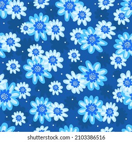 Floral pattern. Large blue flowers on a dark background. For textiles, fabric, wrapping paper, background, wallpaper.