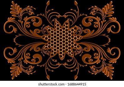 Floral pattern - large golden volumetric flowers with curved stems and leaves on a dark background