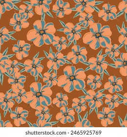 Floral pattern of large yellow, red and orange flowers on a dark background. Rustic chic.
