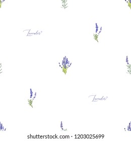 Floral pattern with lavender. Seamless backdrop, wallpaper or card design. Vector watercolor vintage sketch. Botanical colorful illustration on white background. 