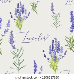 Floral pattern with lavender. Seamless backdrop, wallpaper or card design. Vector watercolor vintage sketch. Botanical colorful illustration on white background. 