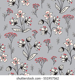 Floral  pattern with leaves, berries and white flowers. Ornamental herb leaf branch seamless background. Nature plant winter christmas ornament