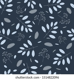 Floral pattern with leaves and branches on the dark grey background. Vector seamless.