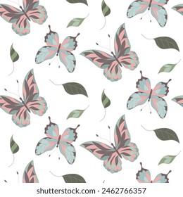 Floral pattern with leaves and butterflies , seamless background with flowers and butterflies.