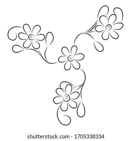 Floral pattern with leaves from the contour black brush lines different thickness on white background. Vector illustration.