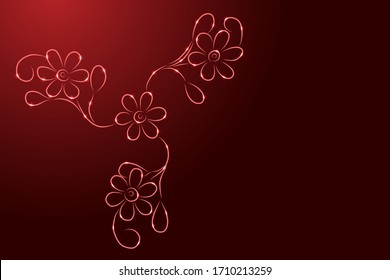 Floral pattern with leaves from the contour red brush lines different thickness and glowing stars on dark background. Vector illustration.