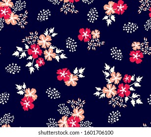 Floral Pattern with leaves dark blue Background flowers bouquets