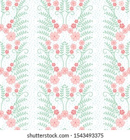 Floral pattern with leaves and dots. Green, blue and coral color seamless print for wallpaper or background.