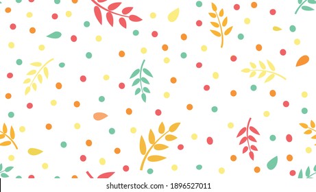 Floral pattern with  leaves and dots in minimal childihs style. Abstract seamless festive background. Flourish ornamental garden with polka dot ornament.