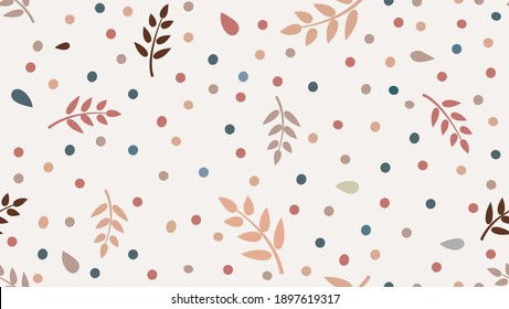 Floral pattern with  leaves and dots in minimal childihs style. Abstract seamless festive background. Flourish ornamental garden with polka dot ornament.