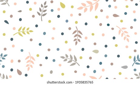 Floral pattern with  leaves and dots in minimal childihs style. Abstract seamless festive background. Flourish ornamental garden with polka dot ornament.