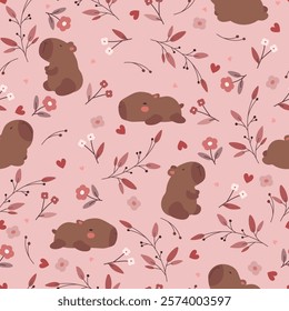 Floral pattern with leaves, flowers and cute capybara. Seamless pattern with cute capybara, hearts and flowers for Valentine's Day, card, fabric.