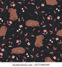 Floral pattern with leaves, flowers and cute capybara on black background. Seamless pattern with cute capybara, hearts and flowers for Valentine's Day, card, fabric.