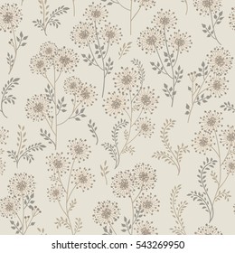 Floral pattern with leaves and flowers. Ornamental herb branch seamless background. Nature plant ornament