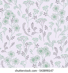 Floral pattern with leaves and flowers. Ornamental herb branch seamless background. Nature plant ornament