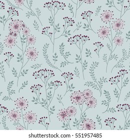 Floral pattern with leaves and flowers. Ornamental herb branch seamless background. Nature plant doddle spring ornament 