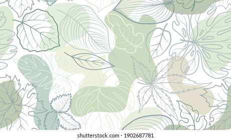 Floral pattern with leaves. Nature seamless spring leaf festive background. Flourish ornamental summer garden with organic shape blots and dots