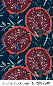 Floral pattern, leaves and Red pomegranate fig background. Botanical Seamless pattern, fashion texture, african motifs. Beach exotic summer collection, trendy jungle design. Vacation Rainforest art.