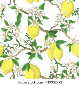 Floral pattern with lemons and white flowers. Seamless vector background in chinese style.