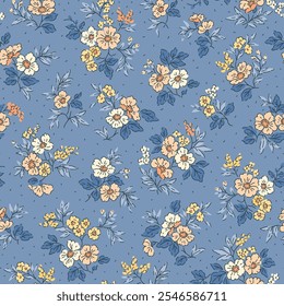 Floral pattern. Liberty flowers on light blue background. Printing with small white, yellow and orange flowers. Ditsy print. Seamless vector texture. Spring bouquet.